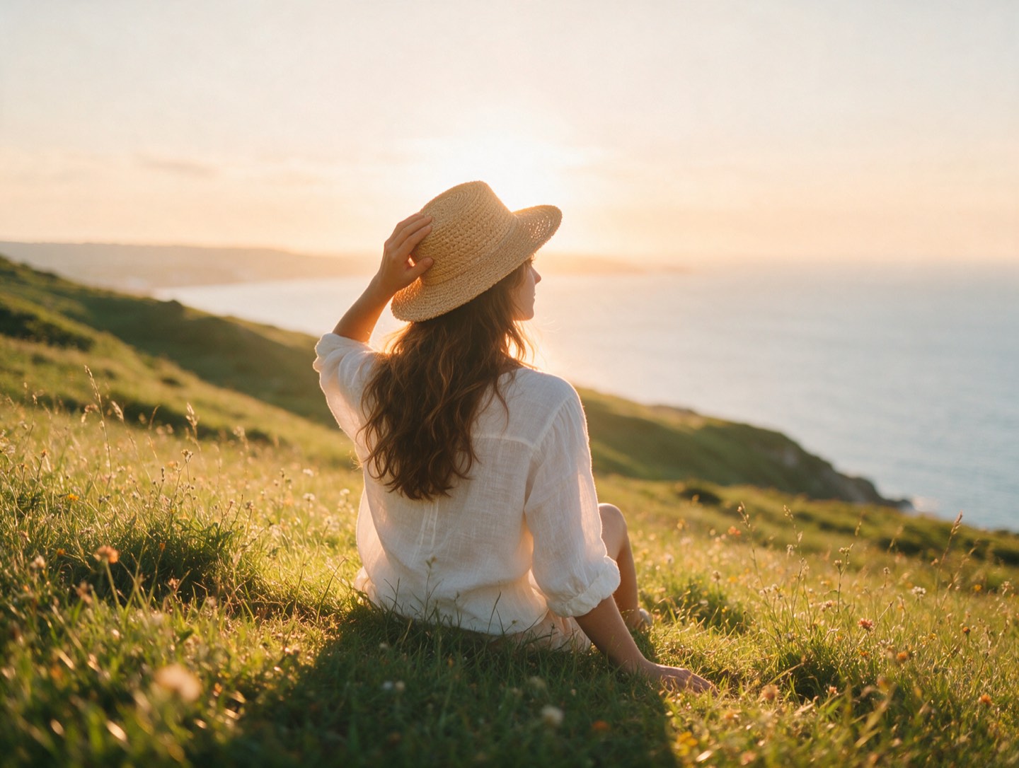 Femme au chapeau de paille contemplant la mer depuis une colline